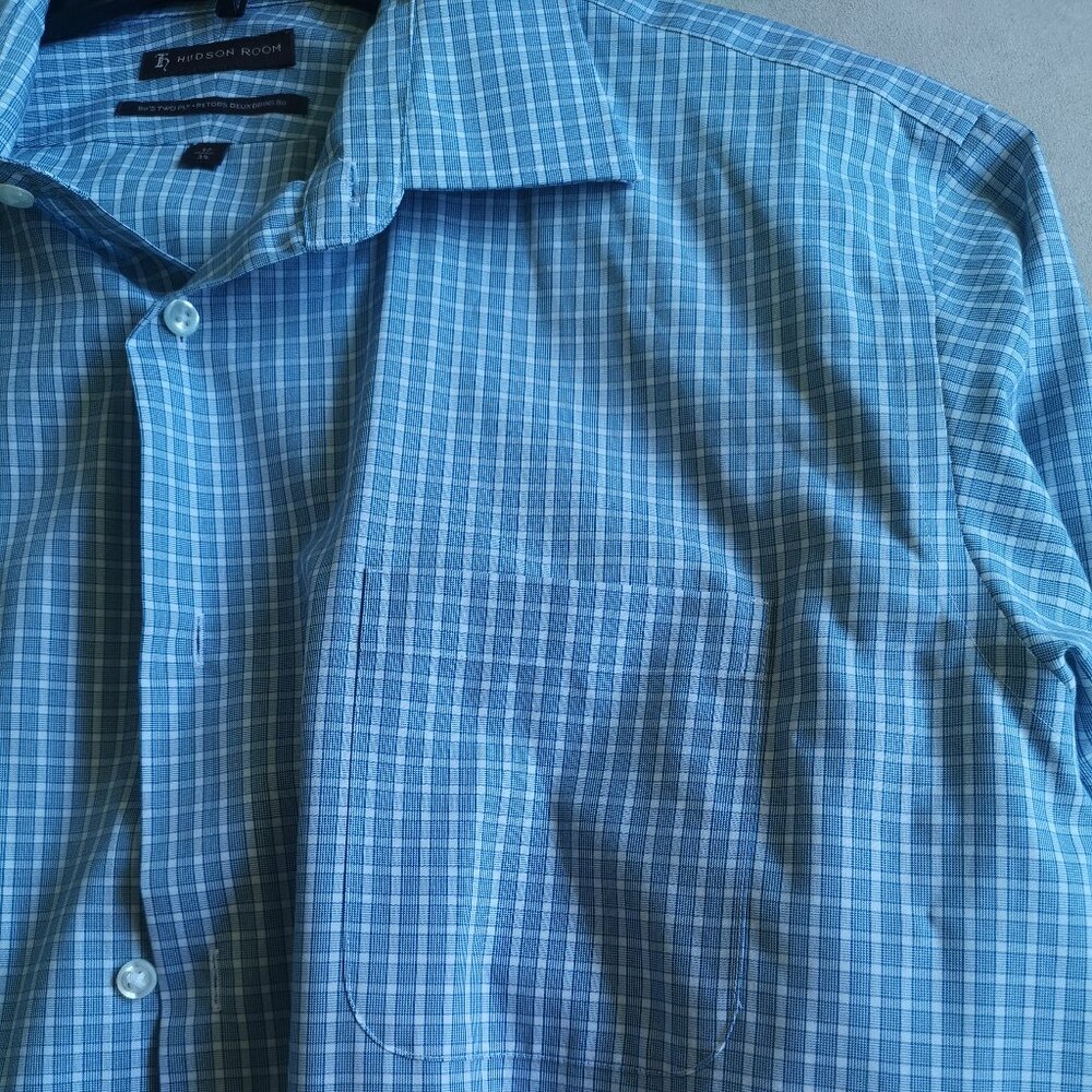 Hudson Room Men Grid Dress Shirt Blue White Egyptian Cotton 17 / 35